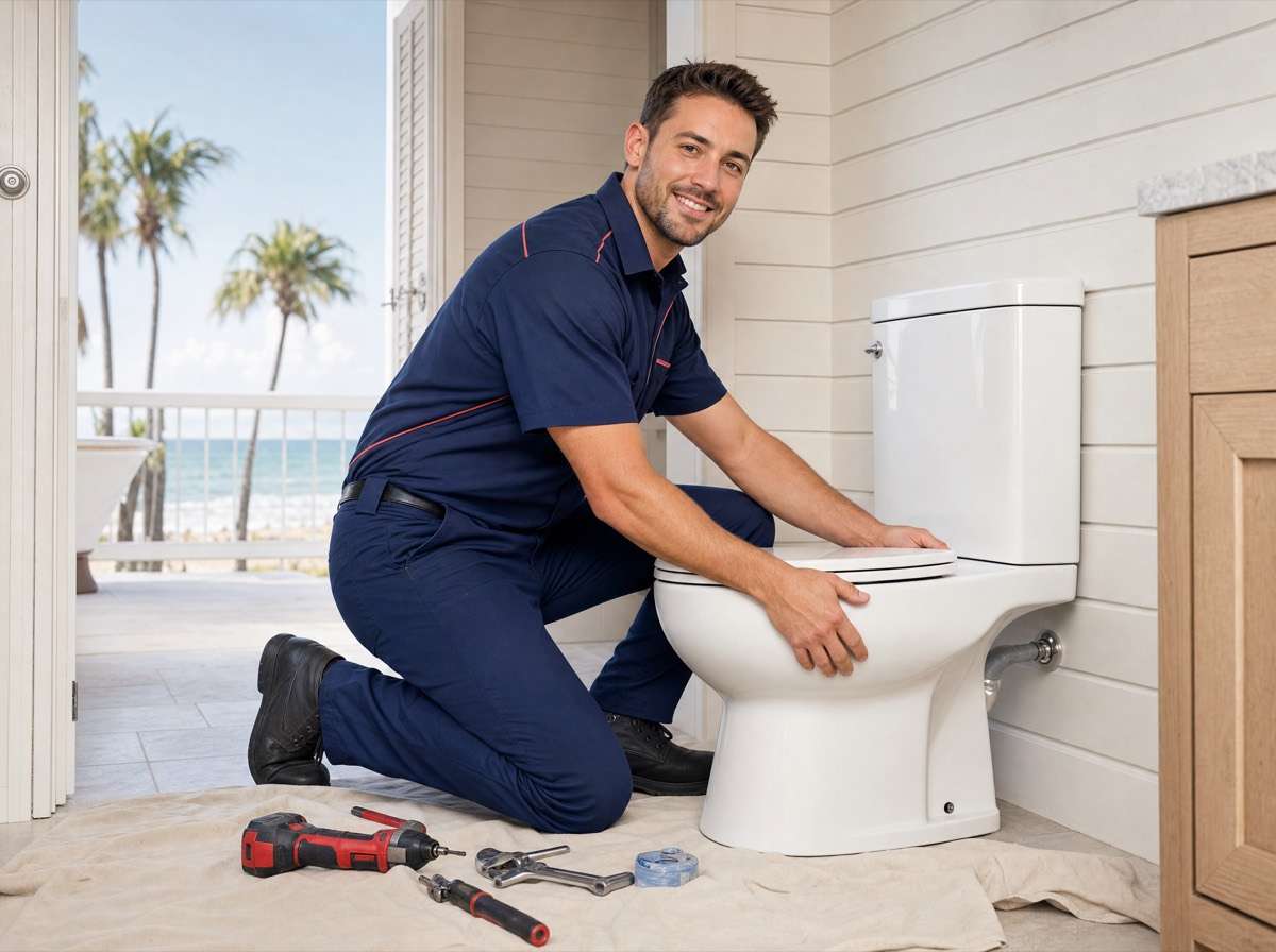 New toilet being installed in a coastal-style Florida bathroom