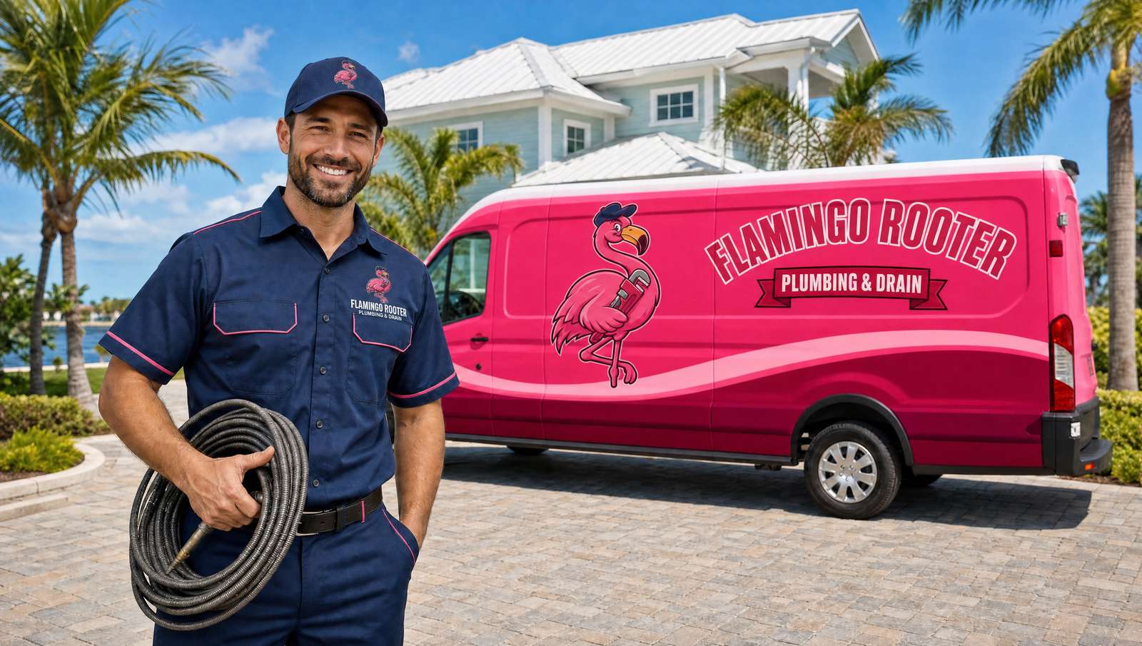 Flamingo Rooter plumber with a drain machine outside a Jacksonville home