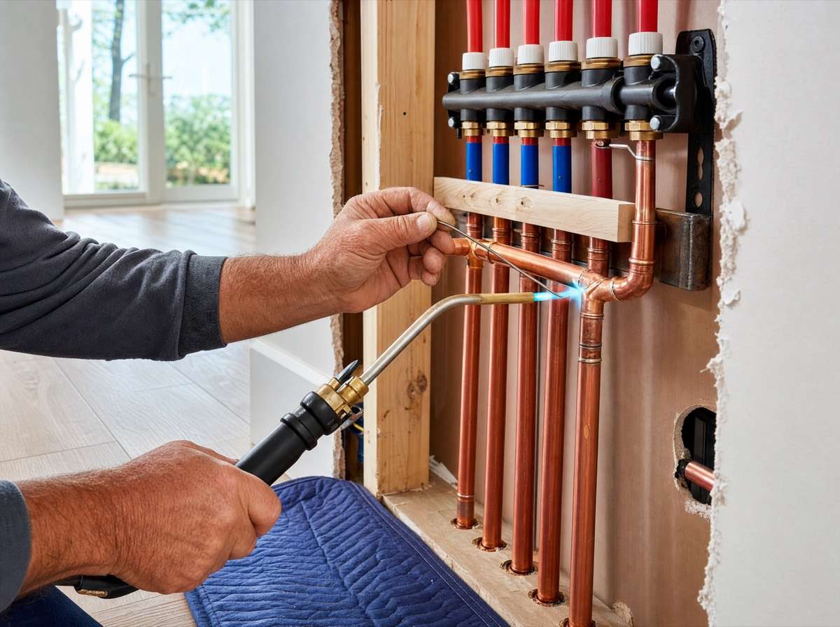 Plumber soldering new copper supply lines during a Jacksonville repipe