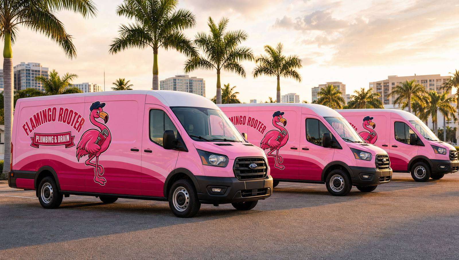 Flamingo Rooter service vans at golden hour